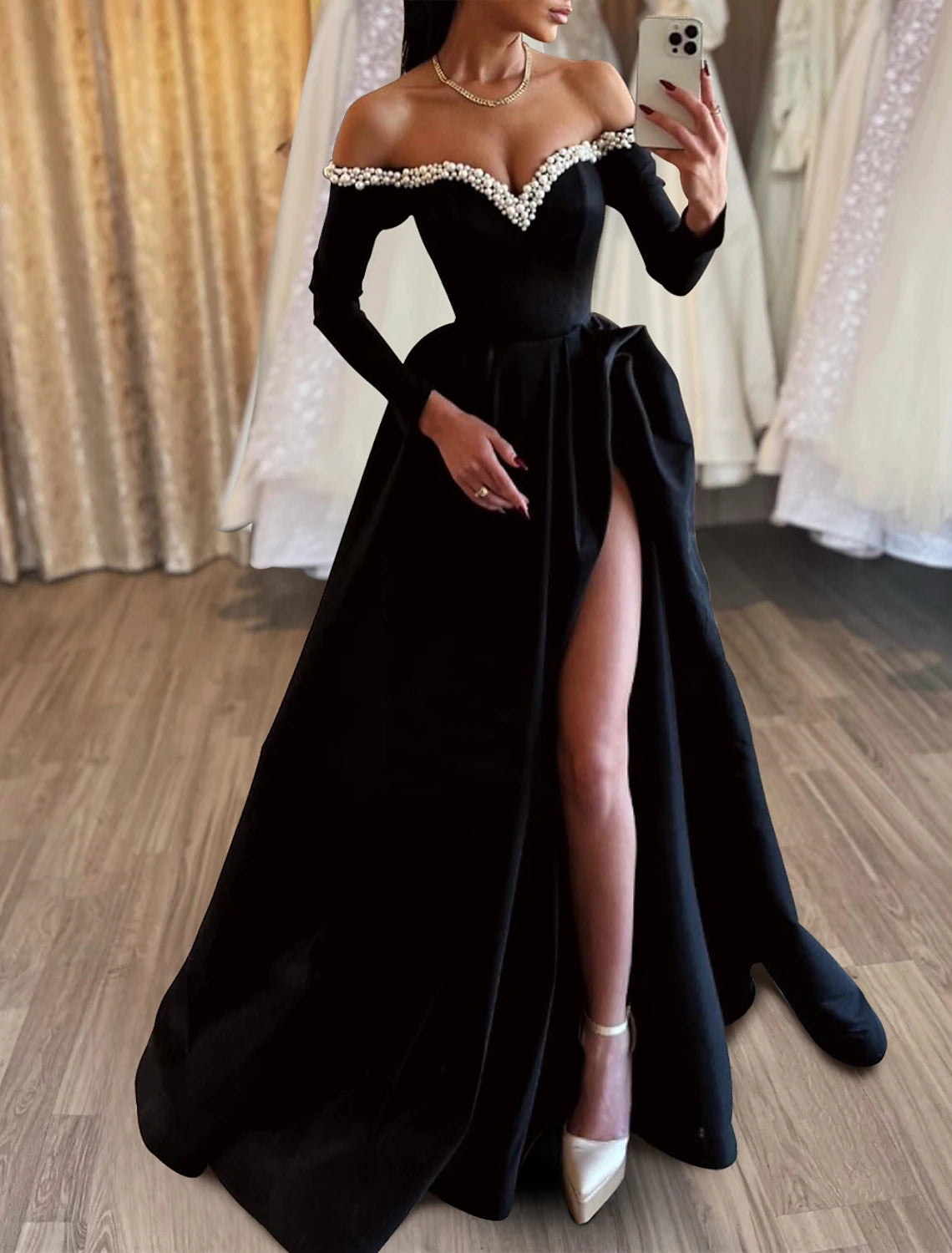 A-Line Evening Gown Black Dress Dress Formal Masquerade Sweep / Brush Train Long Sleeve Off Shoulder Satin with Pearls Slit 2025